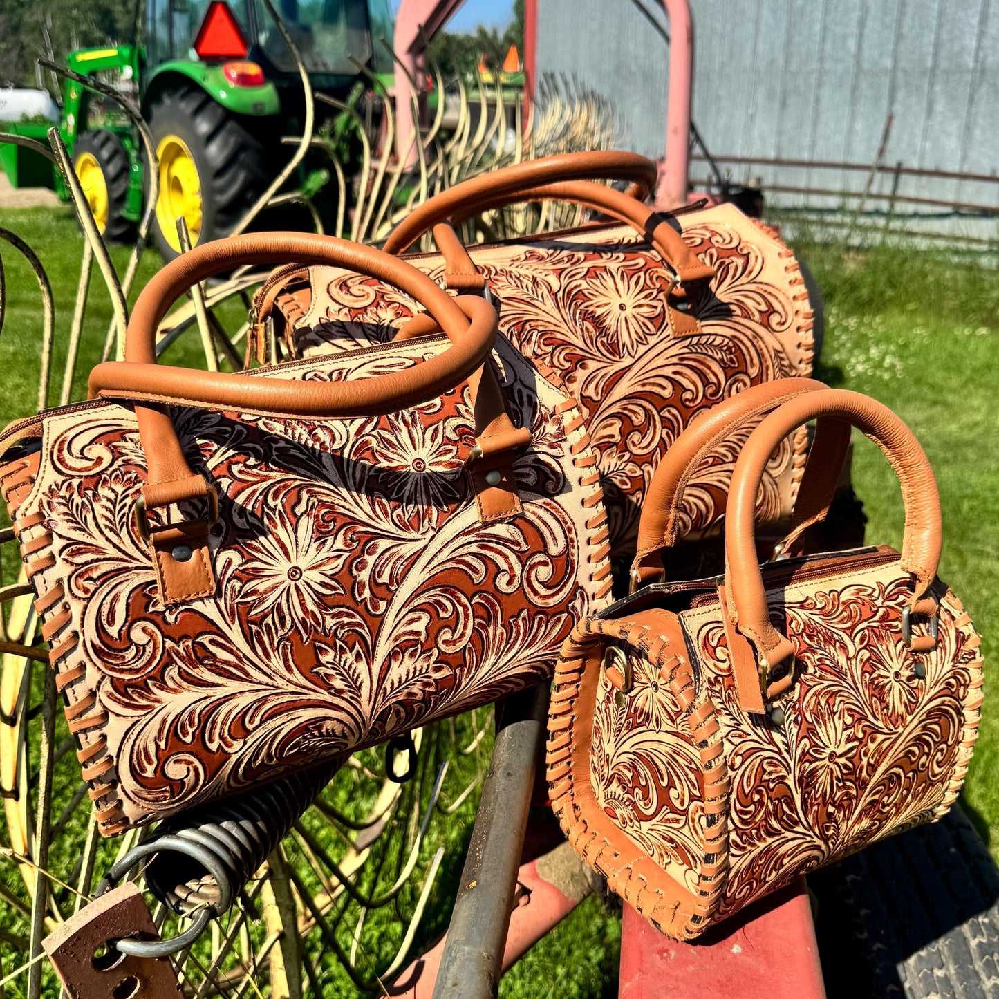 Tan Wild Daisy Heritage Speedy Western Genuine Leather Barrel Bag Purse by Double B