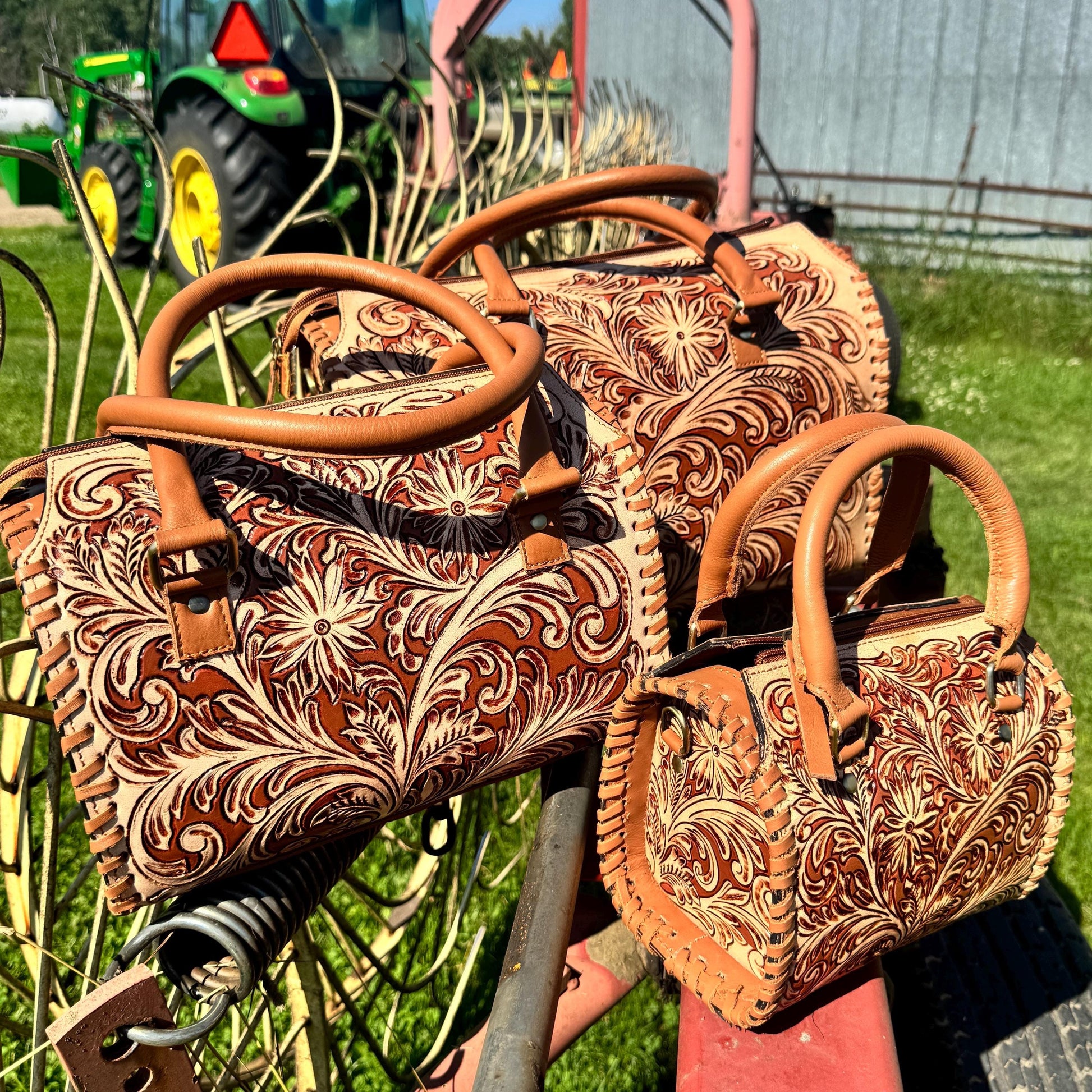 Tan Wild Daisy Heritage Speedy Western Genuine Leather Barrel Bag Purse by Double B