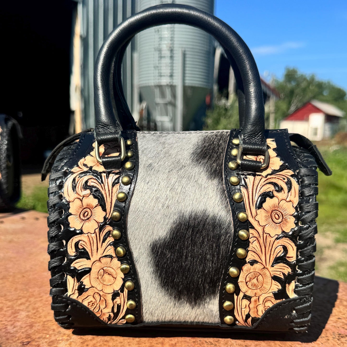 Black Prairie Rose Speedy Western Genuine Leather Barrel Bag Purse by Double B