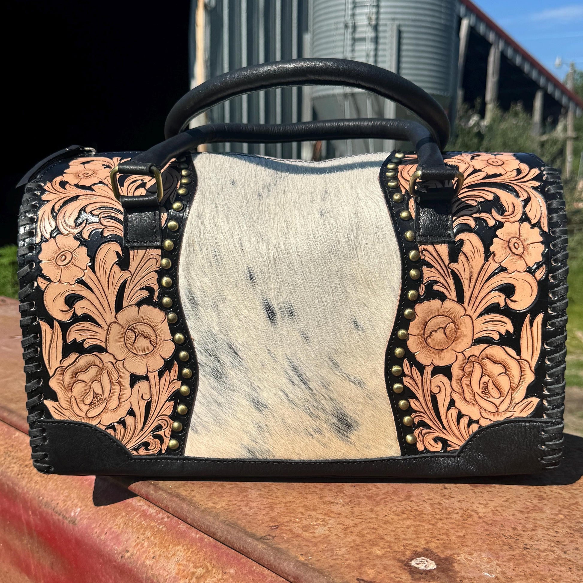 Black Prairie Rose Speedy Western Genuine Leather Barrel Bag Purse by Double B