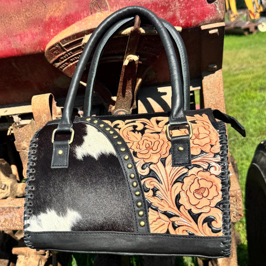 Black Rose Speedy Western Genuine Leather Barrel Bag Purse by Double B