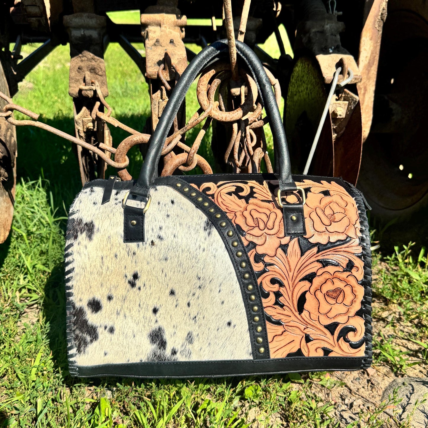 Black Rose Speedy Western Genuine Leather Barrel Bag Purse by Double B