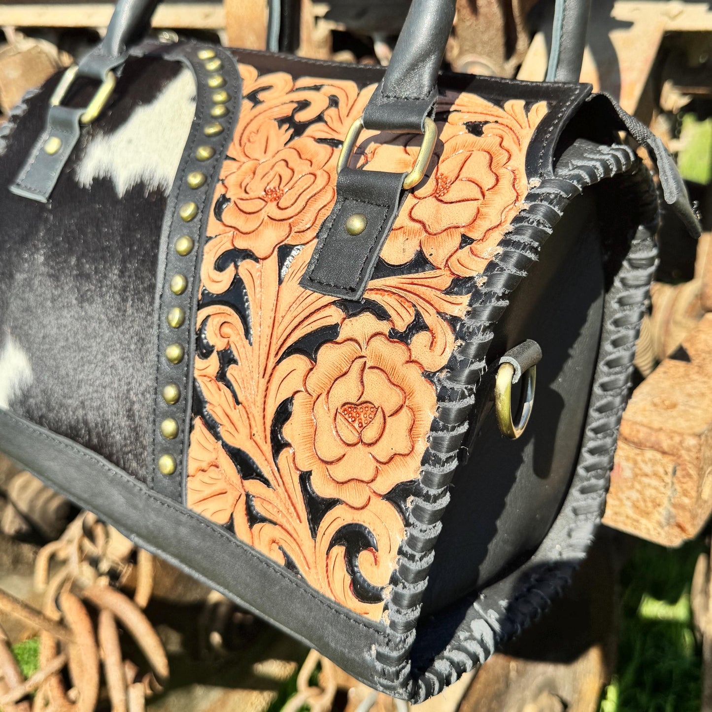 Black Rose Speedy Western Genuine Leather Barrel Bag Purse by Double B