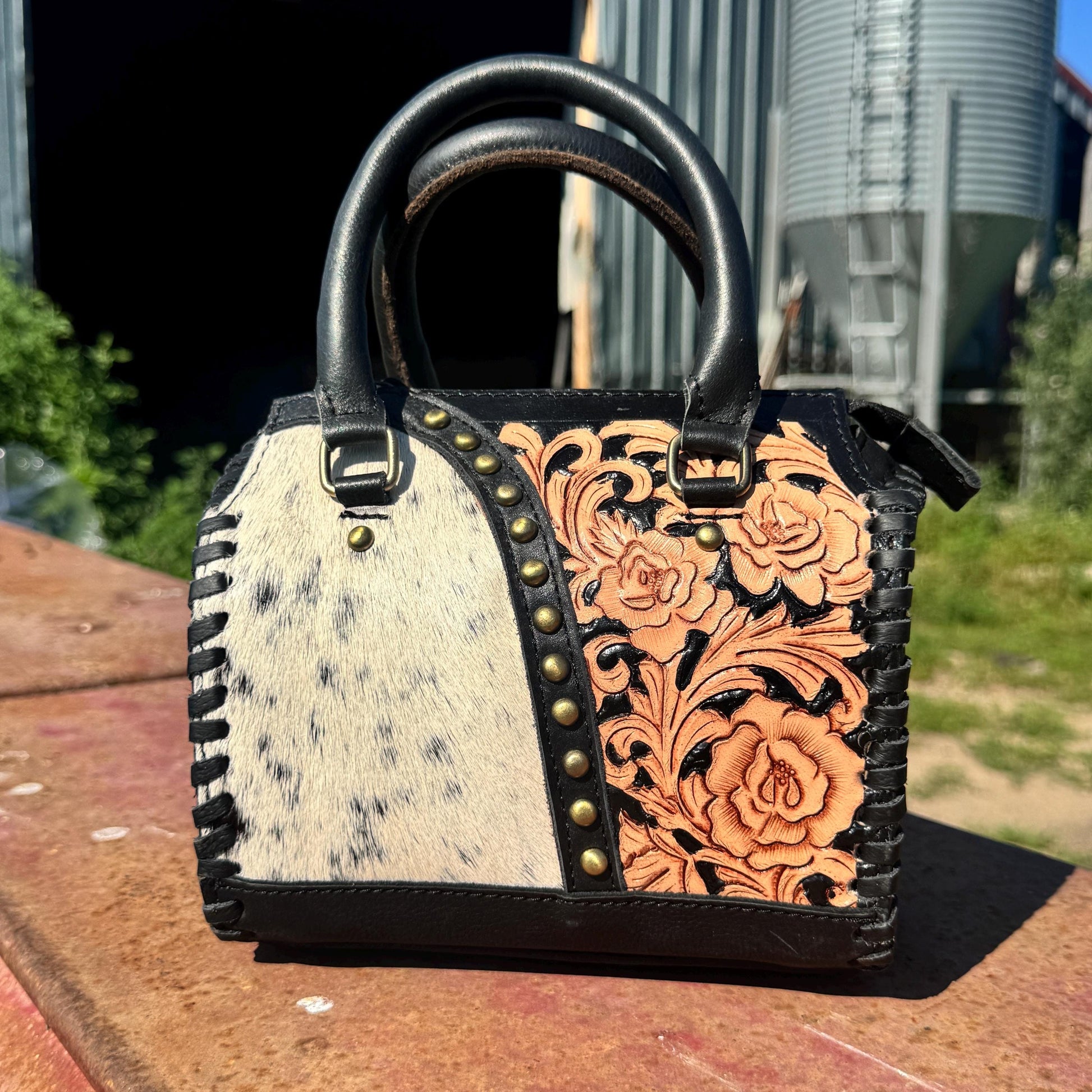 Black Rose Speedy Western Genuine Leather Barrel Bag Purse by Double B