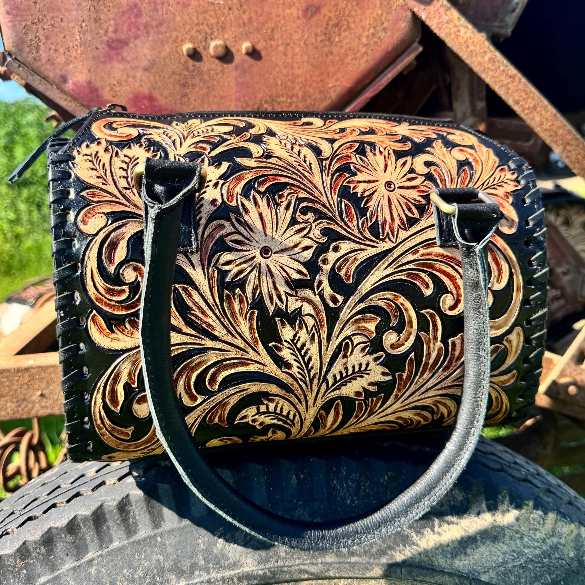Black Heritage Daisy Speedy Western Genuine Leather Barrel Bag Purse by Double B