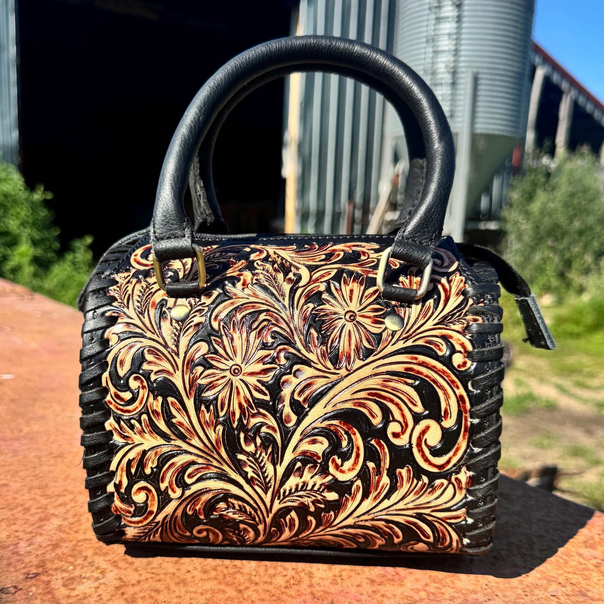 Black Heritage Daisy Speedy Western Genuine Leather Barrel Bag Purse by Double B