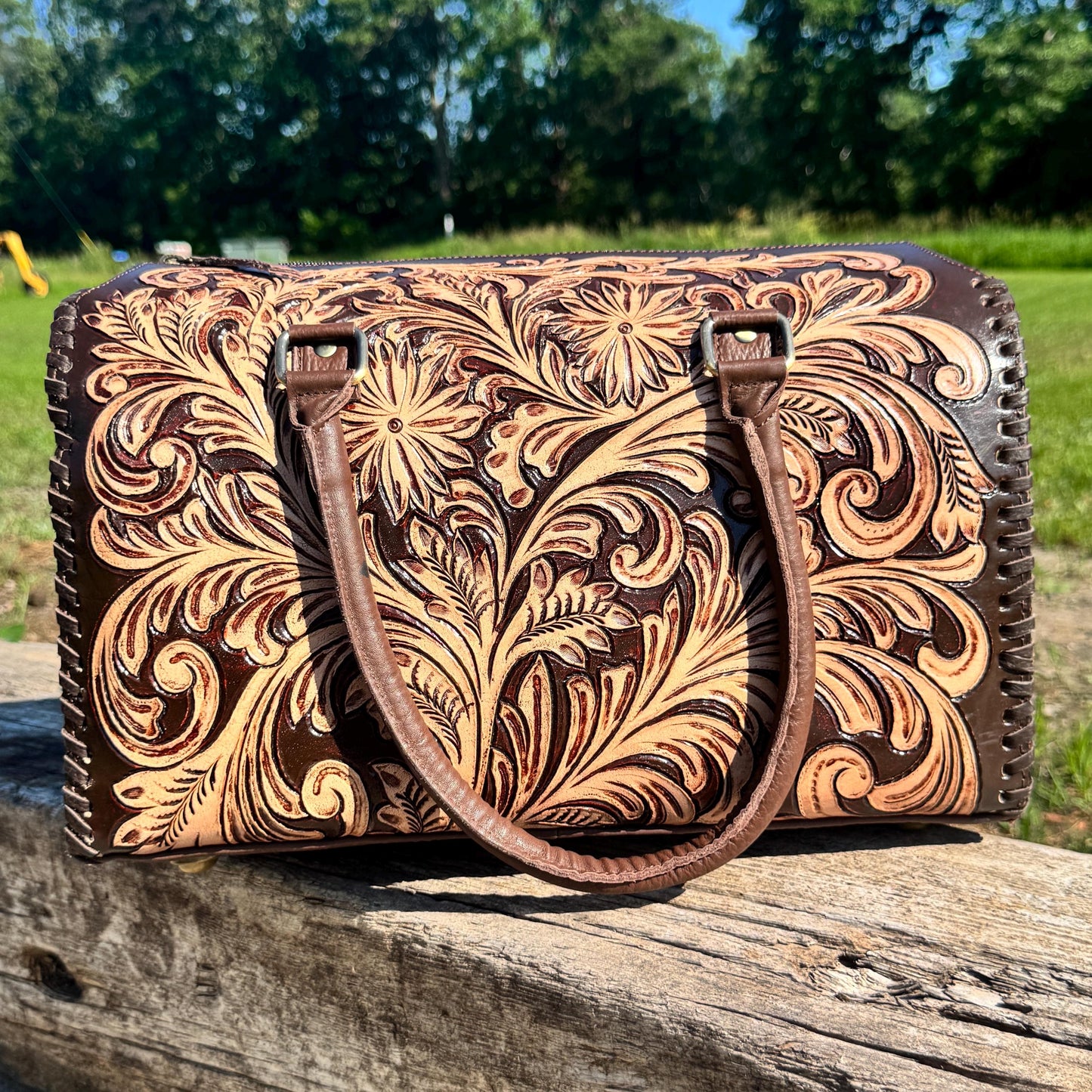 Chestnut Brown Heritage Daisy Speedy Western Genuine Leather Barrel Bag Purse by Double B