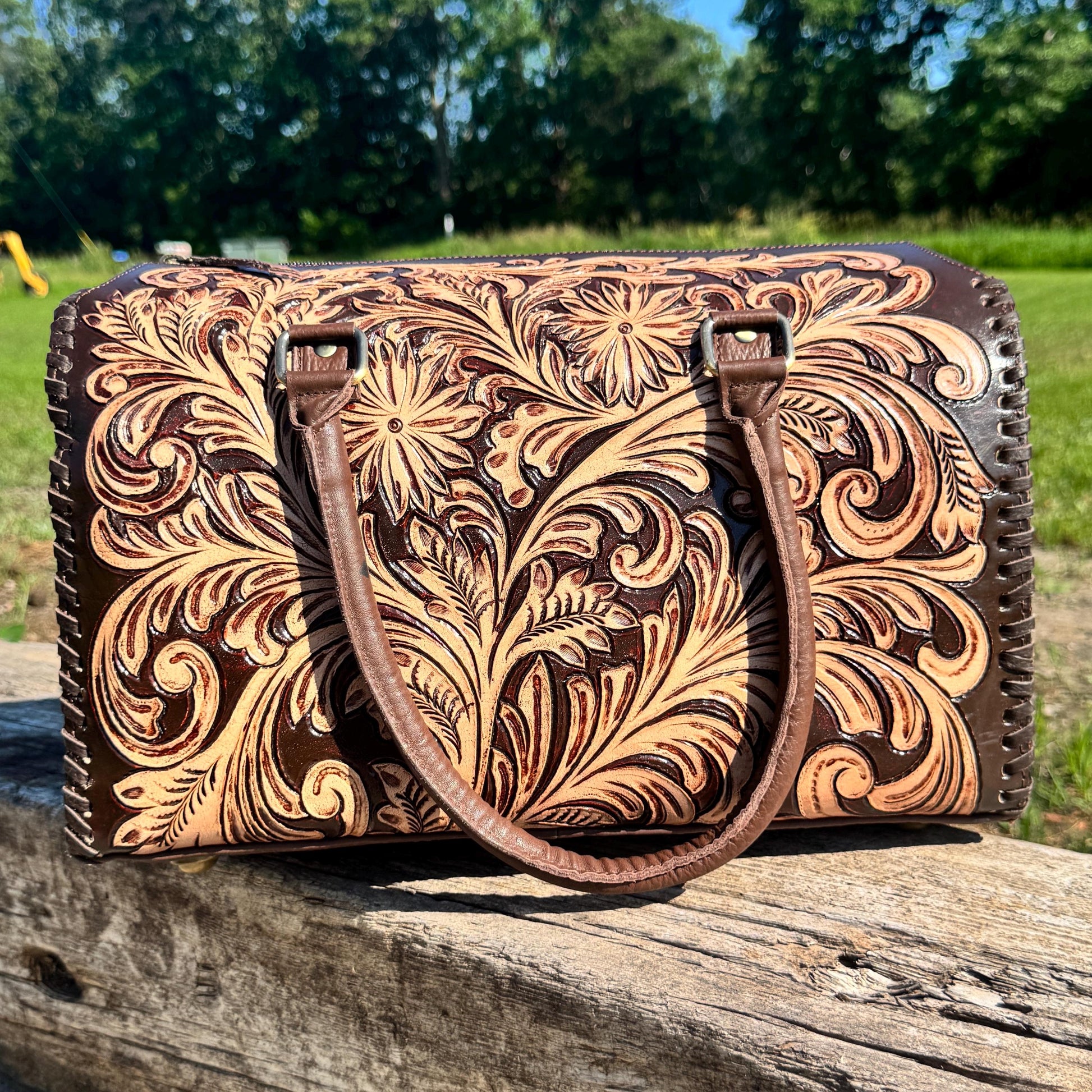 Chestnut Brown Heritage Daisy Speedy Western Genuine Leather Barrel Bag Purse by Double B