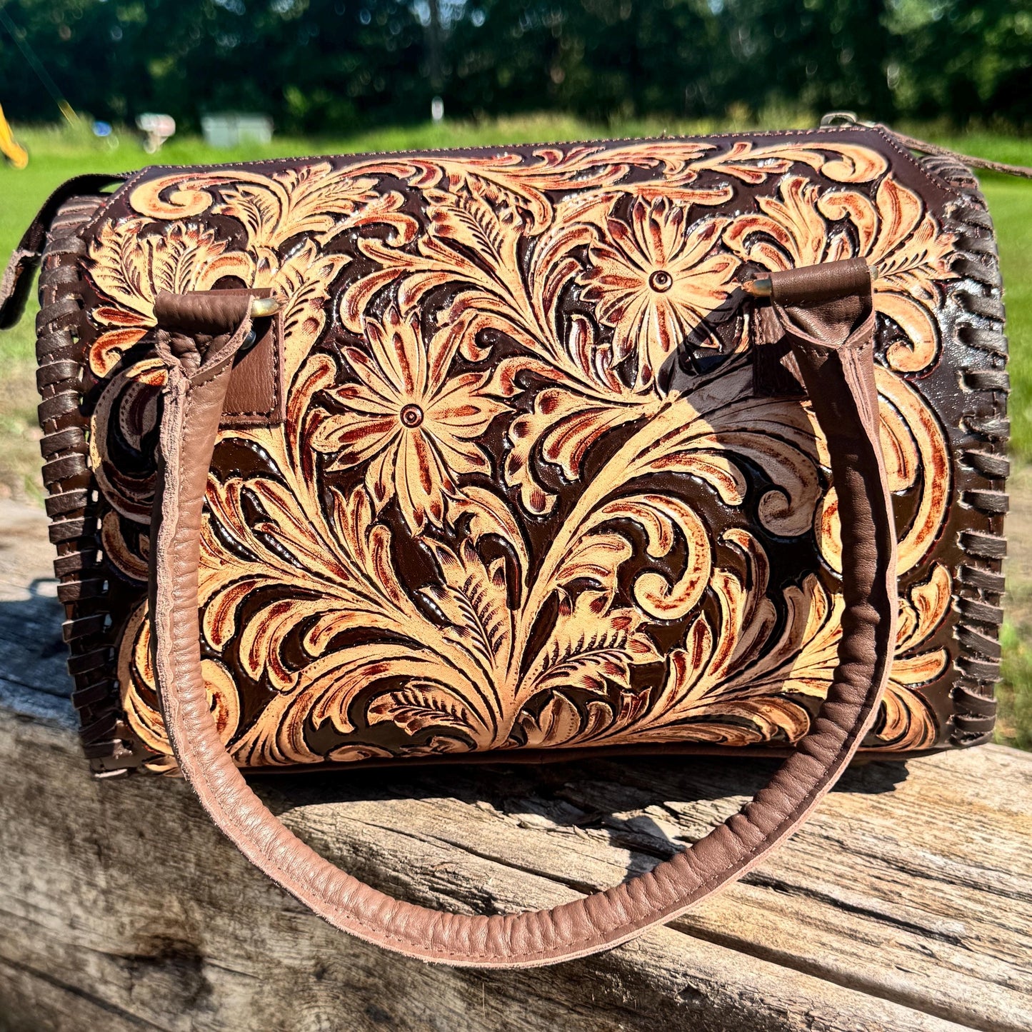 Chestnut Brown Heritage Daisy Speedy Western Genuine Leather Barrel Bag Purse by Double B