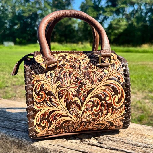 Chestnut Brown Heritage Daisy Speedy Western Genuine Leather Barrel Bag Purse by Double B