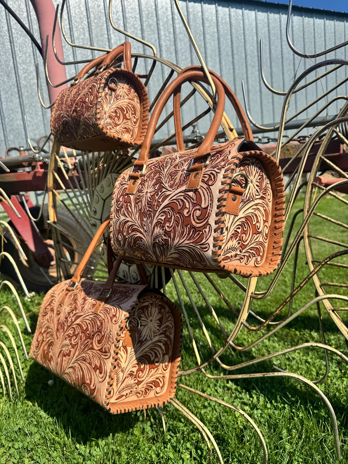 Tan Heritage Daisy Speedy Western Genuine Leather Barrel Bag Purse by Double B