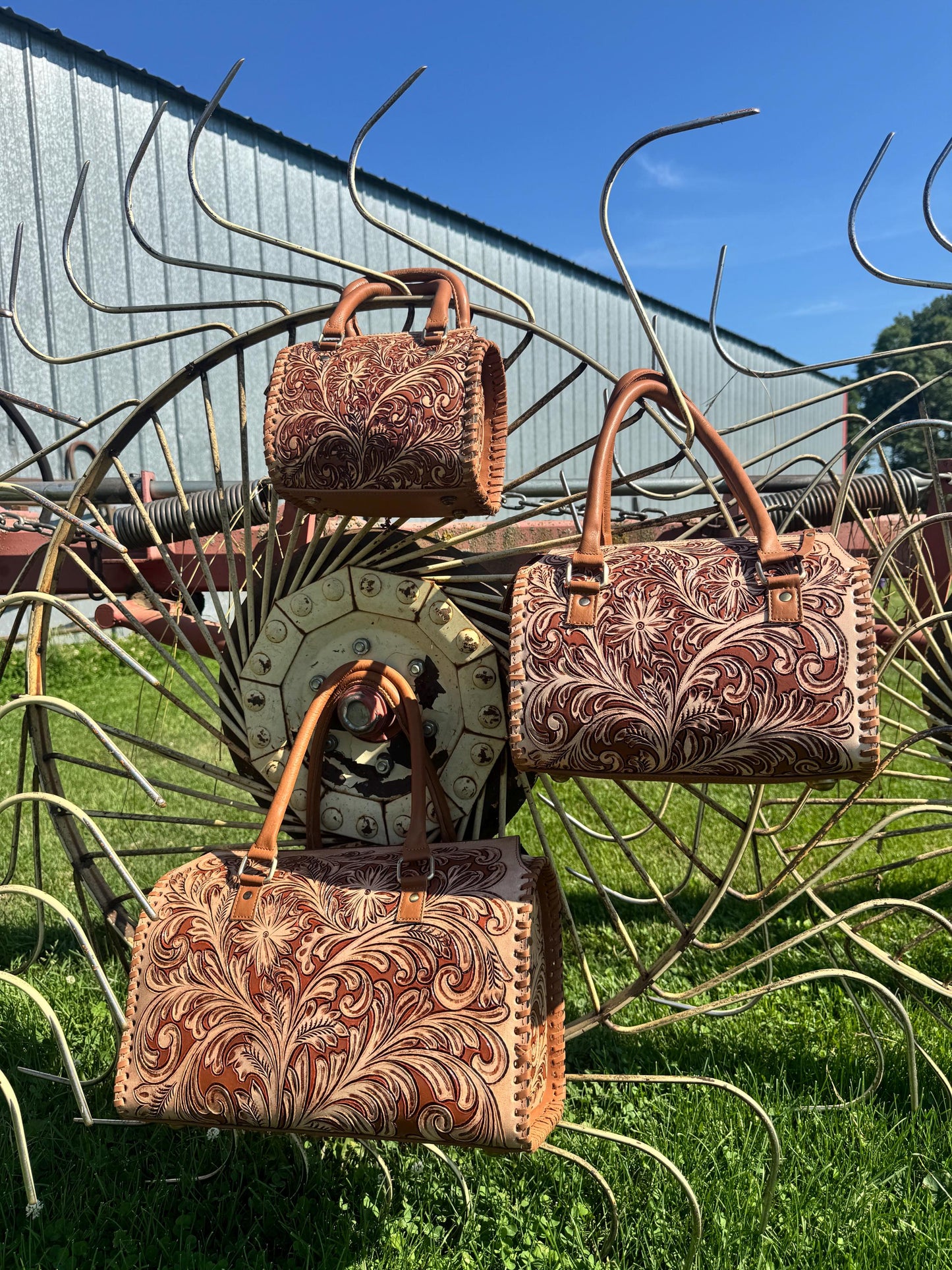 Tan Wild Daisy Heritage Speedy Western Genuine Leather Barrel Bag Purse by Double B