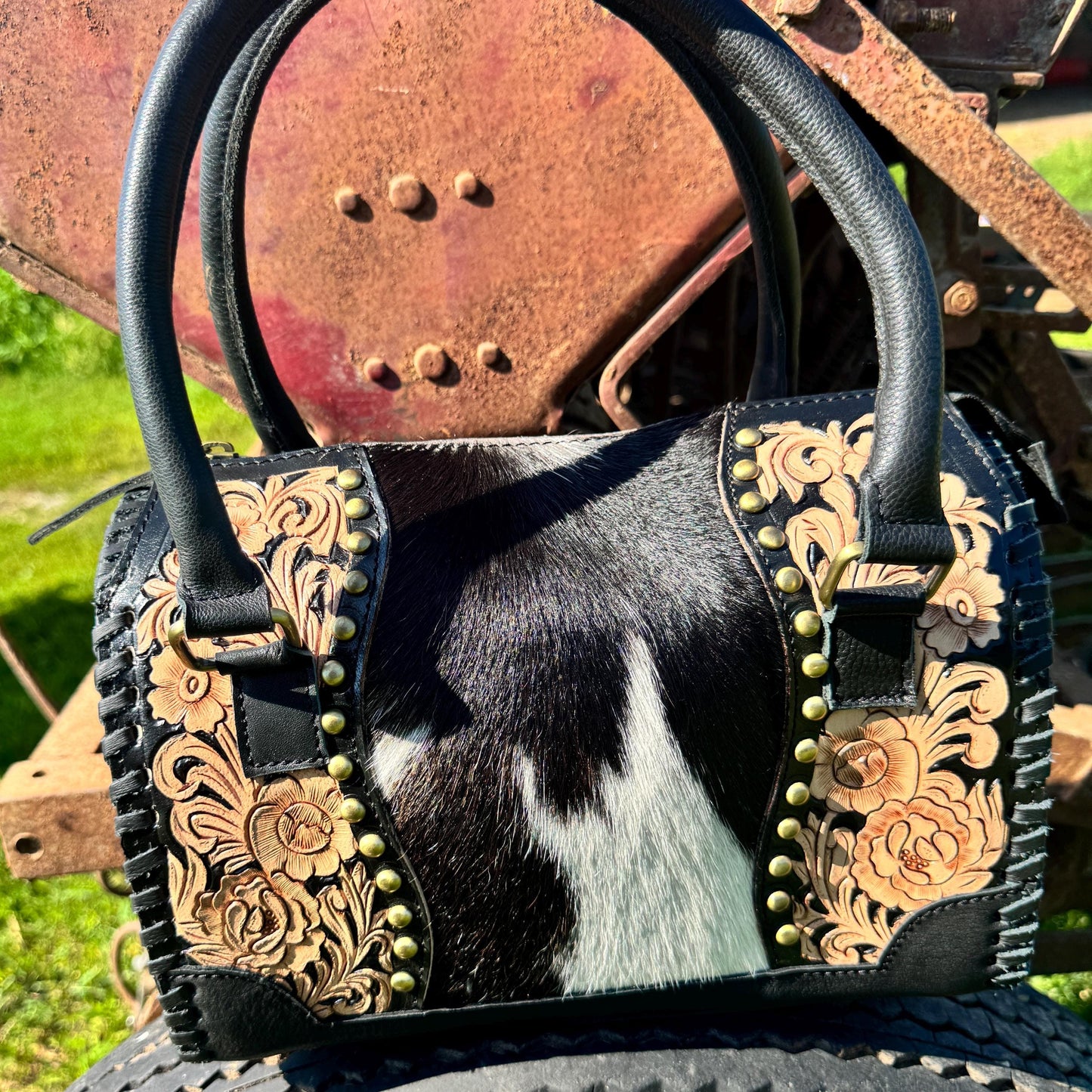 Black Prairie Rose Speedy Western Genuine Leather Barrel Bag Purse by Double B