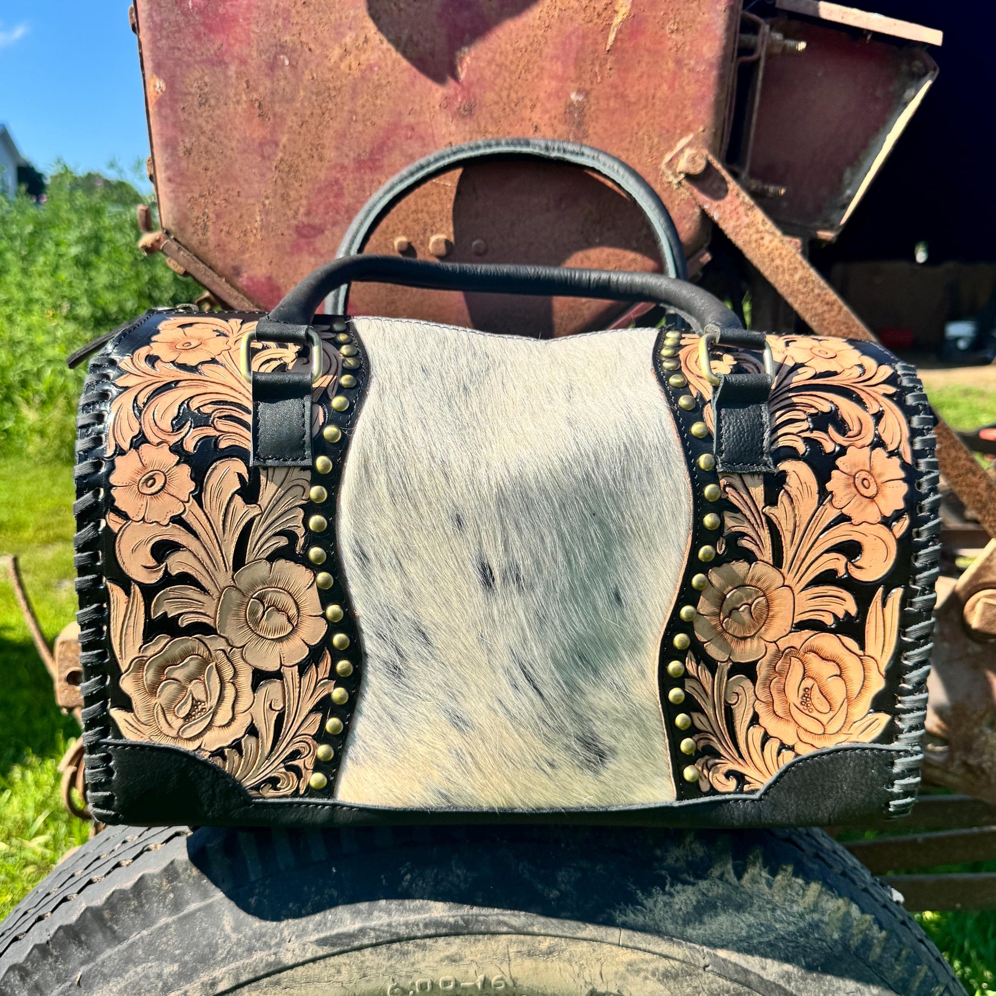 Black Prairie Rose Speedy Western Genuine Leather Barrel Bag Purse by Double B