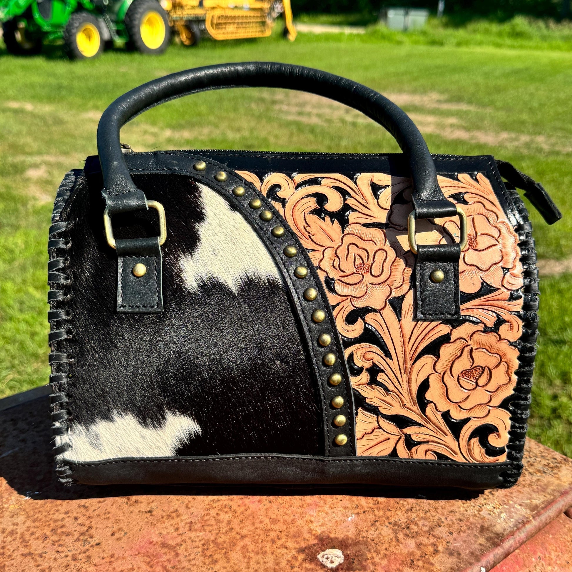Black Rose Speedy Western Genuine Leather Barrel Bag Purse by Double B
