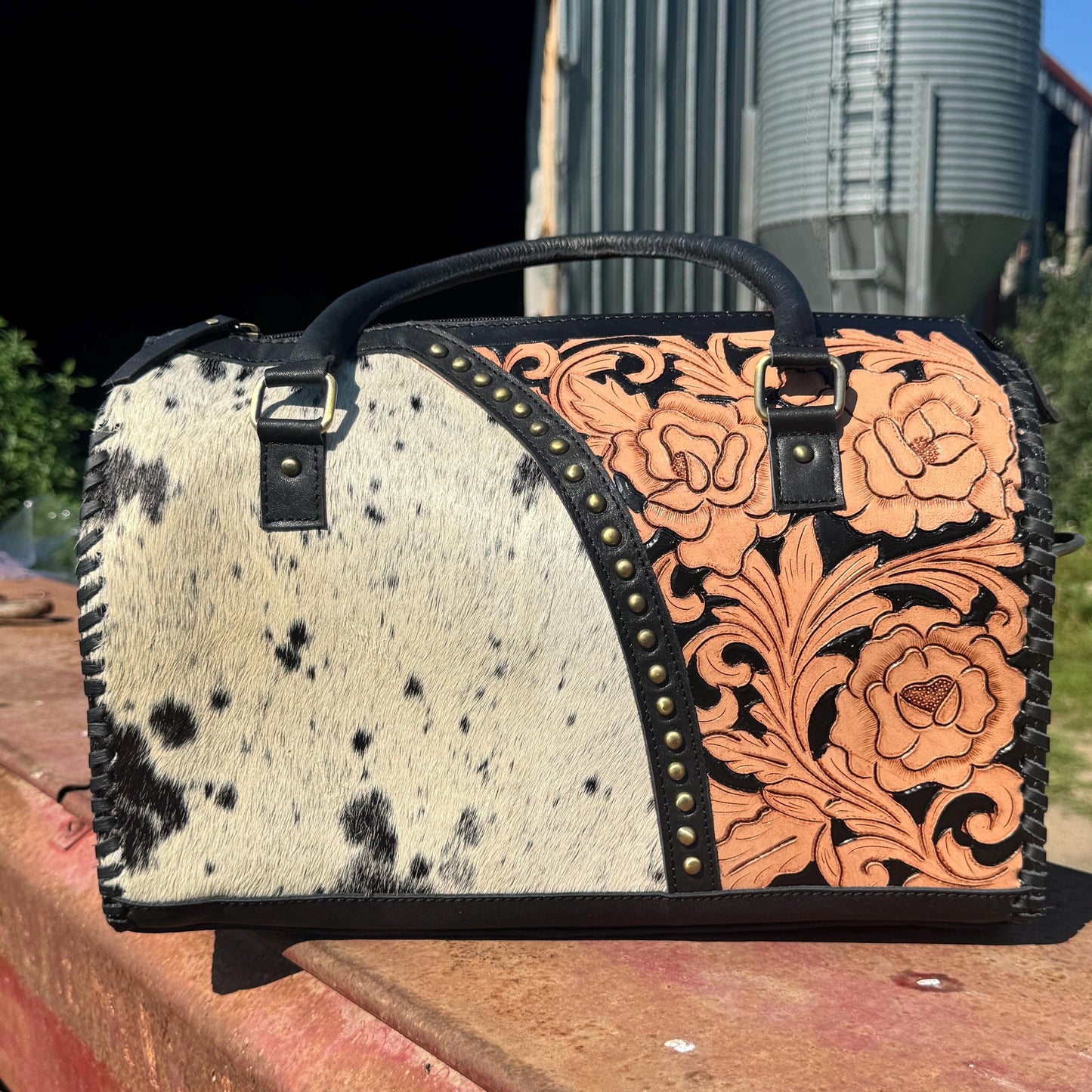 Black Rose Speedy Western Genuine Leather Barrel Bag Purse by Double B