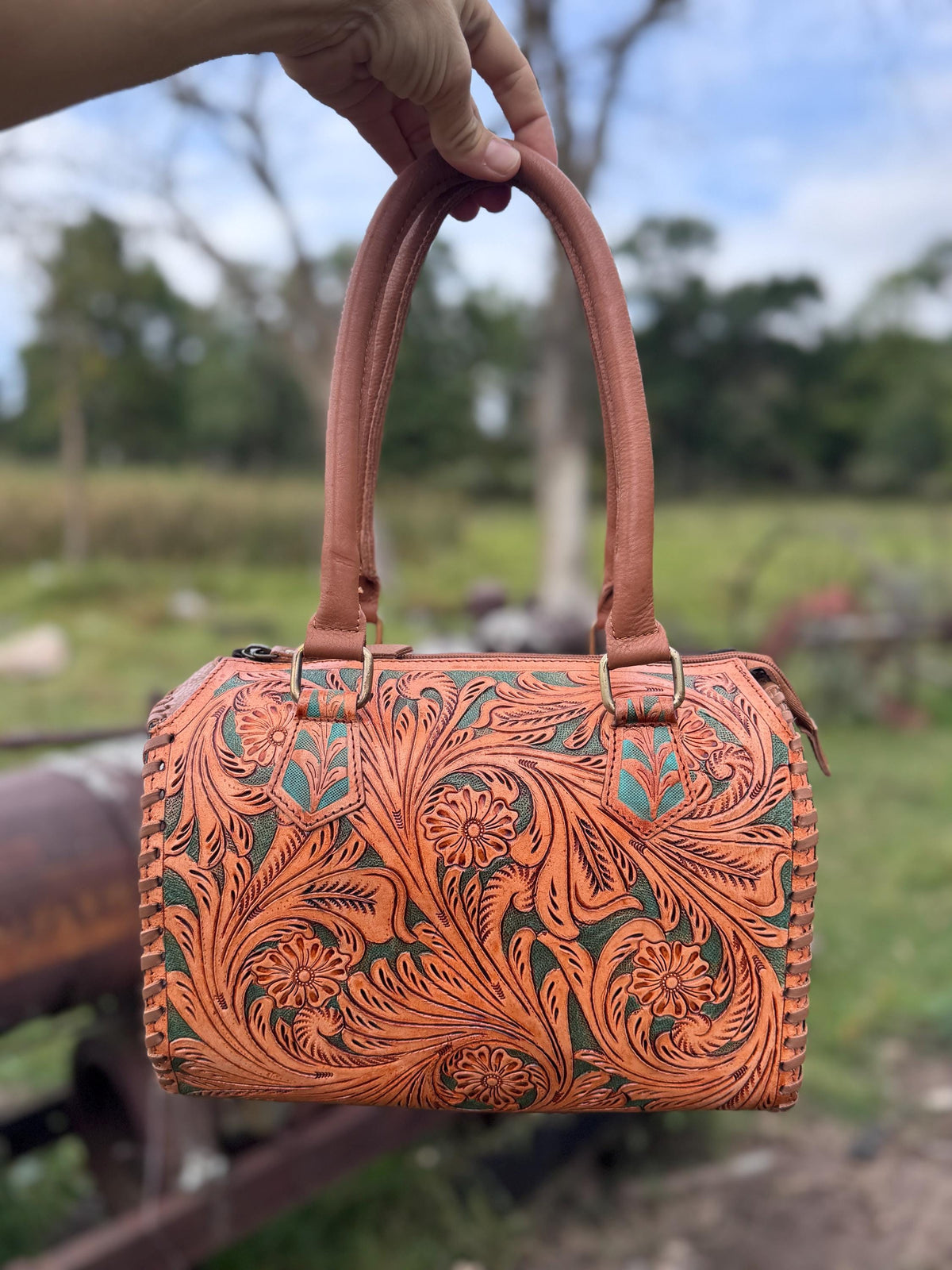 Turquoise and Tan Speedy Western Genuine Leather Barrel Bag Purse by Double B