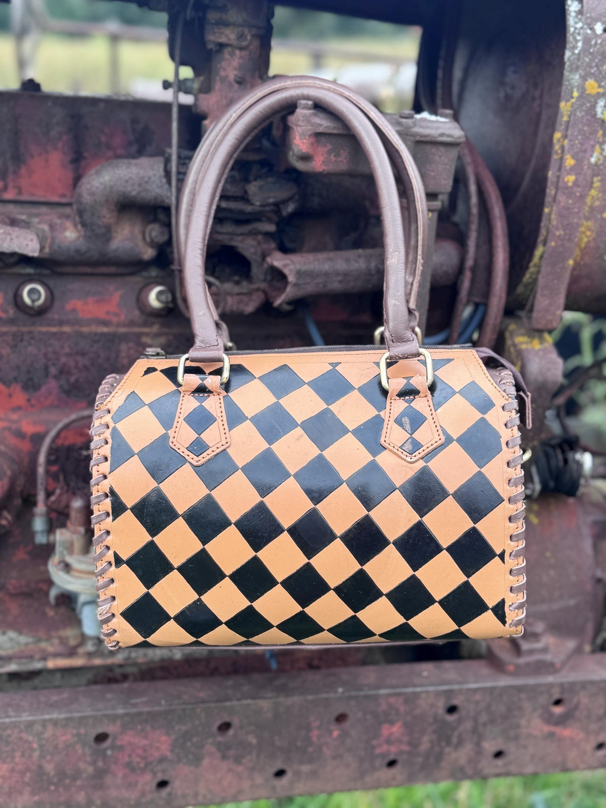 Caramel Espresso Checkered Speedy Western Genuine Leather Purse with optional wallet