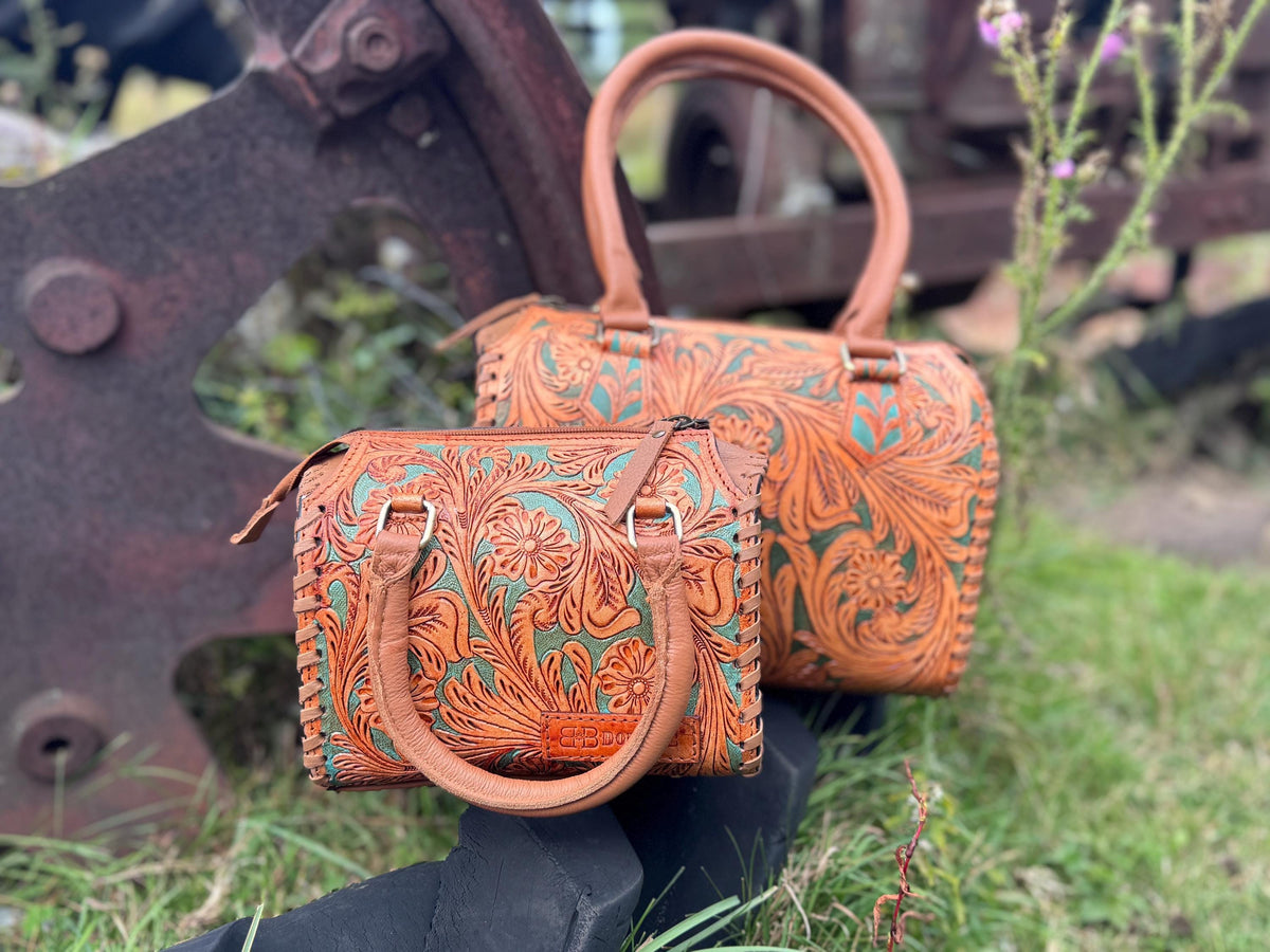 Turquoise and Tan Speedy Western Genuine Leather Barrel Bag Purse by Double B