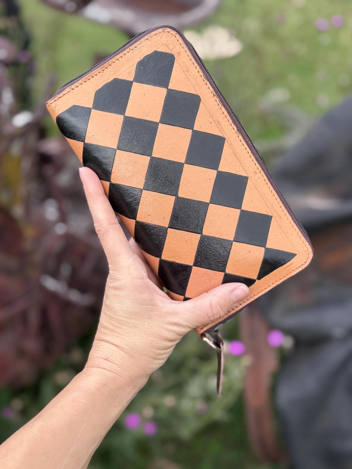 Caramel Espresso Checkered Speedy Western Genuine Leather Purse with optional wallet