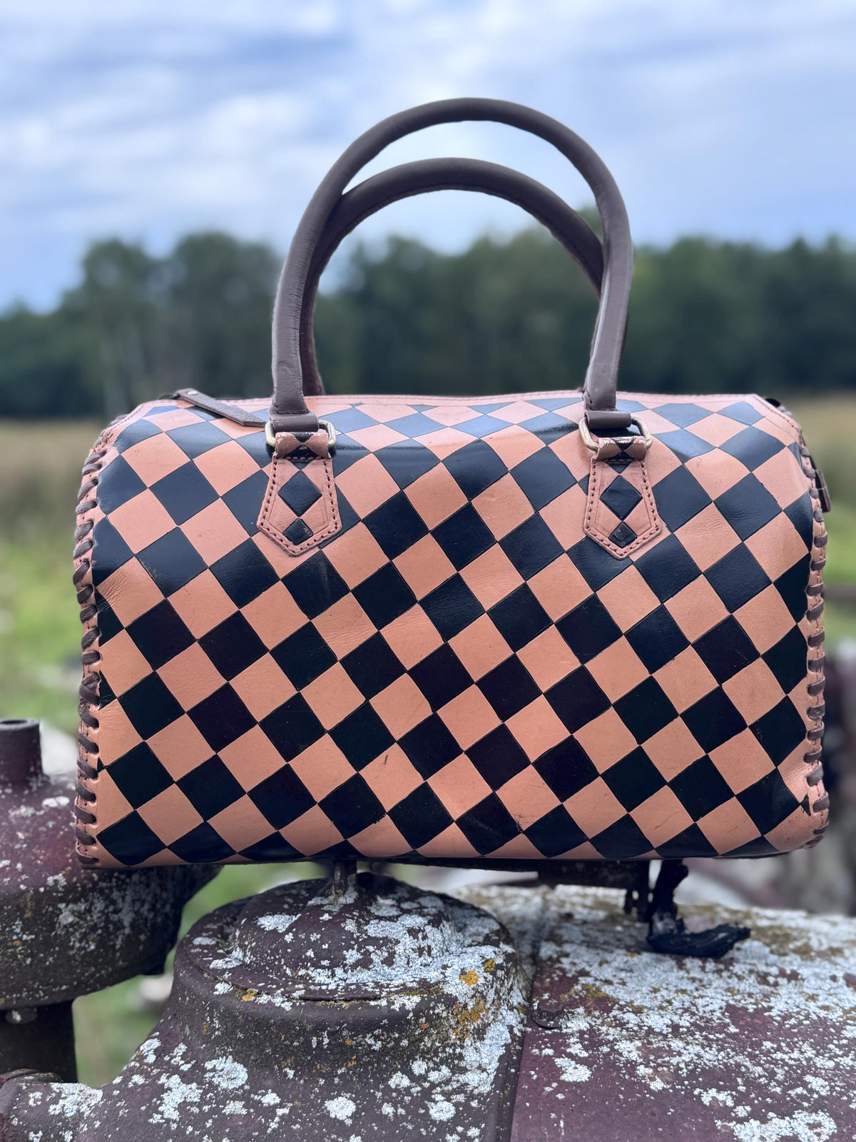 Caramel Espresso Checkered Speedy Western Genuine Leather Purse with optional wallet