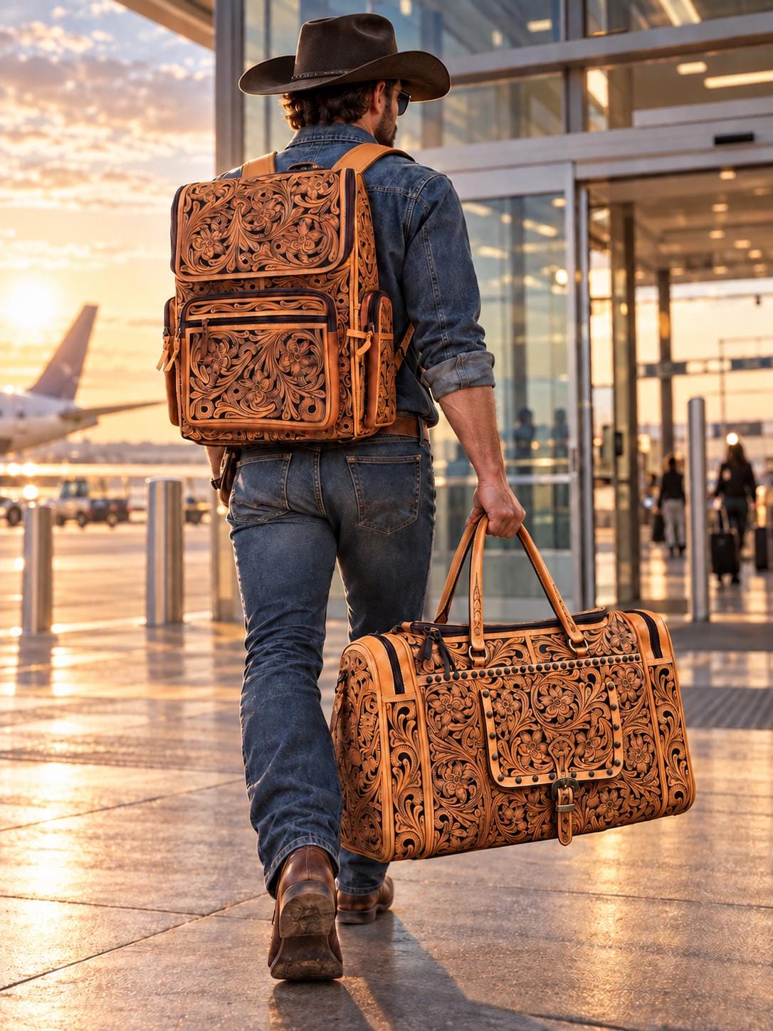The Stockmen’s Rambler leather tooled backpack carry-on by Double B