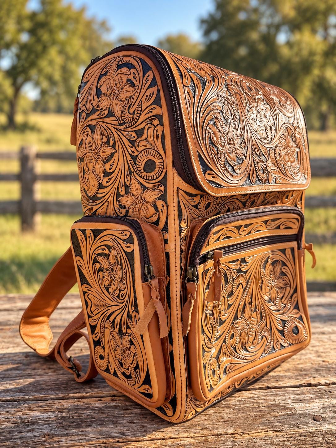 The Stockmen’s Rambler leather tooled backpack carry-on by Double B