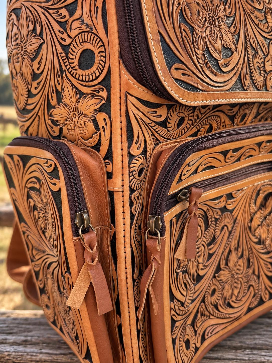 The Stockmen’s Rambler leather tooled backpack carry-on by Double B