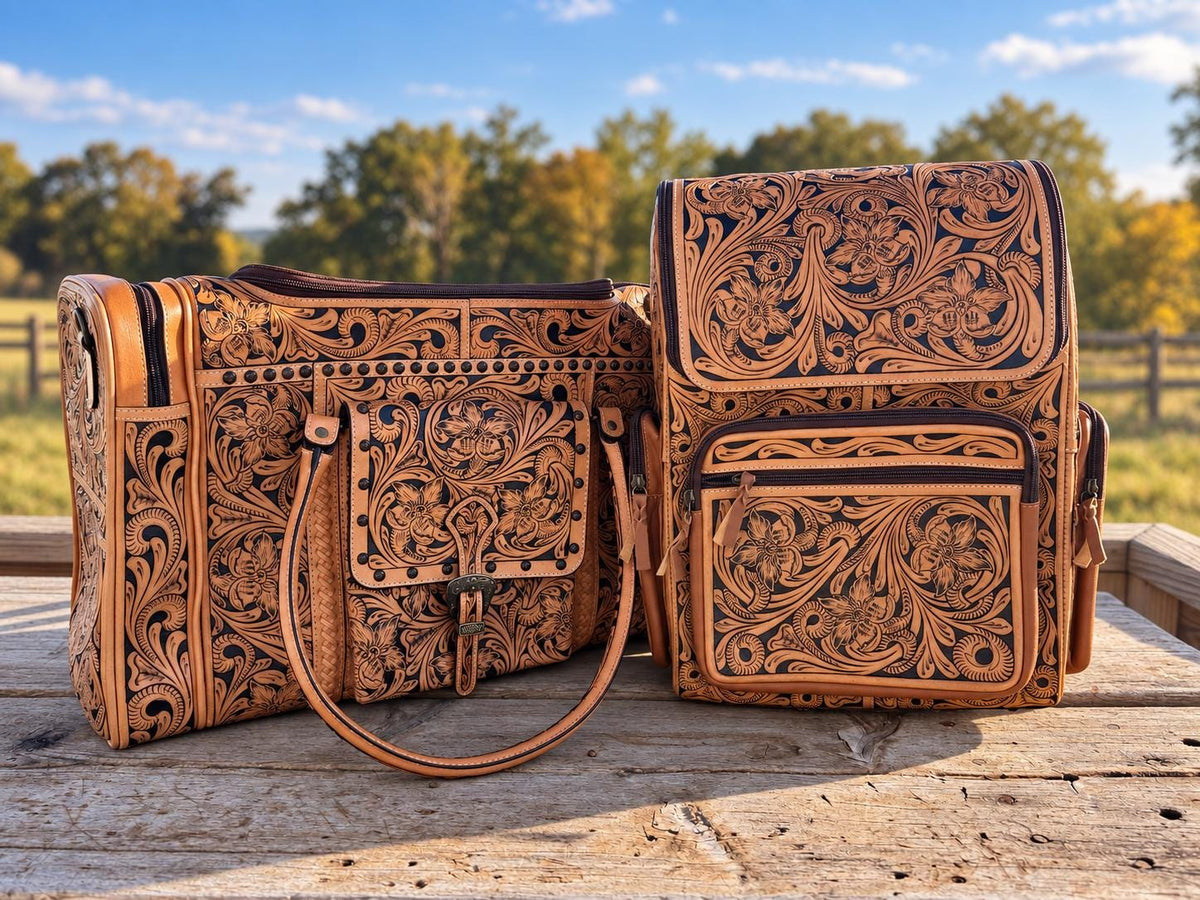 The Stockmen’s Rambler leather tooled backpack carry-on by Double B