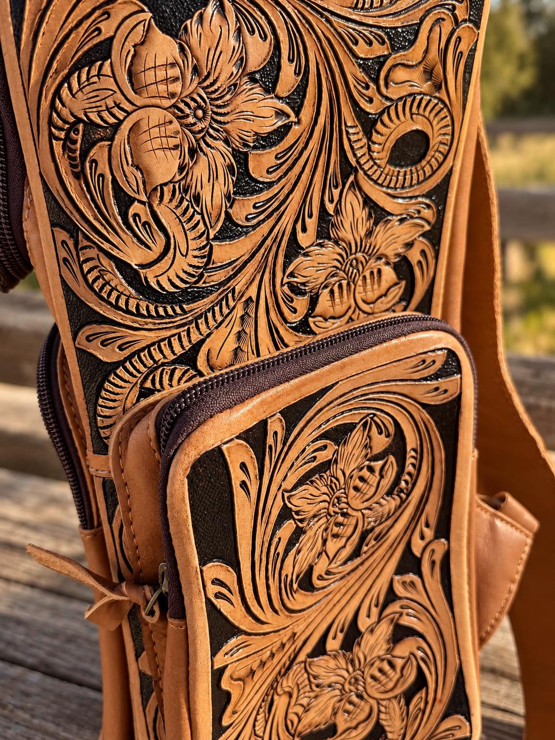 The Stockmen’s Rambler leather tooled backpack carry-on by Double B