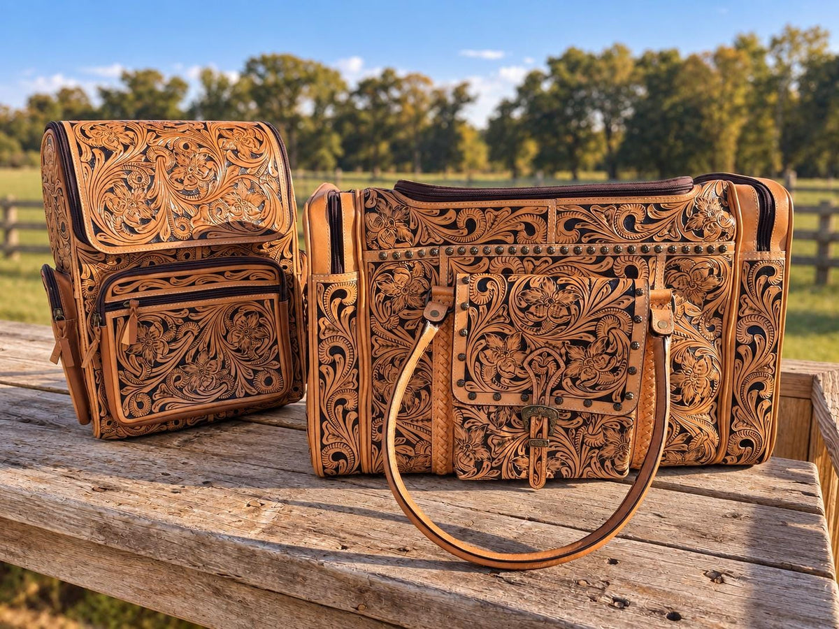 The Stockmen’s Rambler leather tooled backpack carry-on by Double B