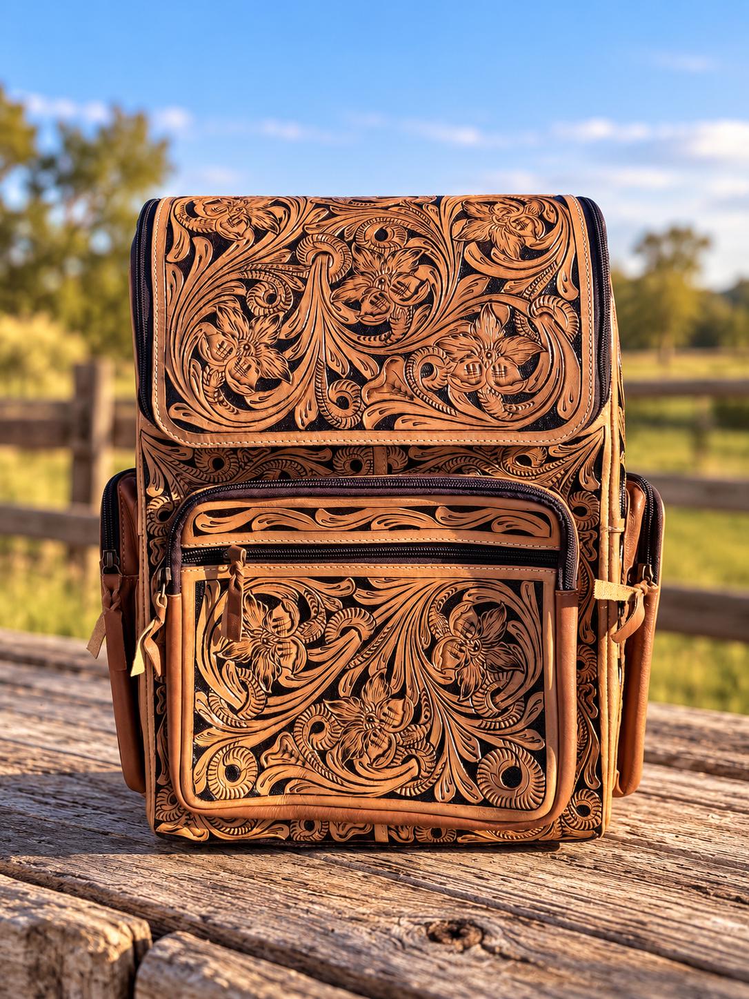The Stockmen’s Rambler leather tooled backpack carry-on by Double B