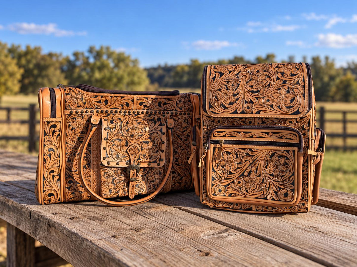 The Stockmen’s Rambler leather tooled backpack carry-on by Double B