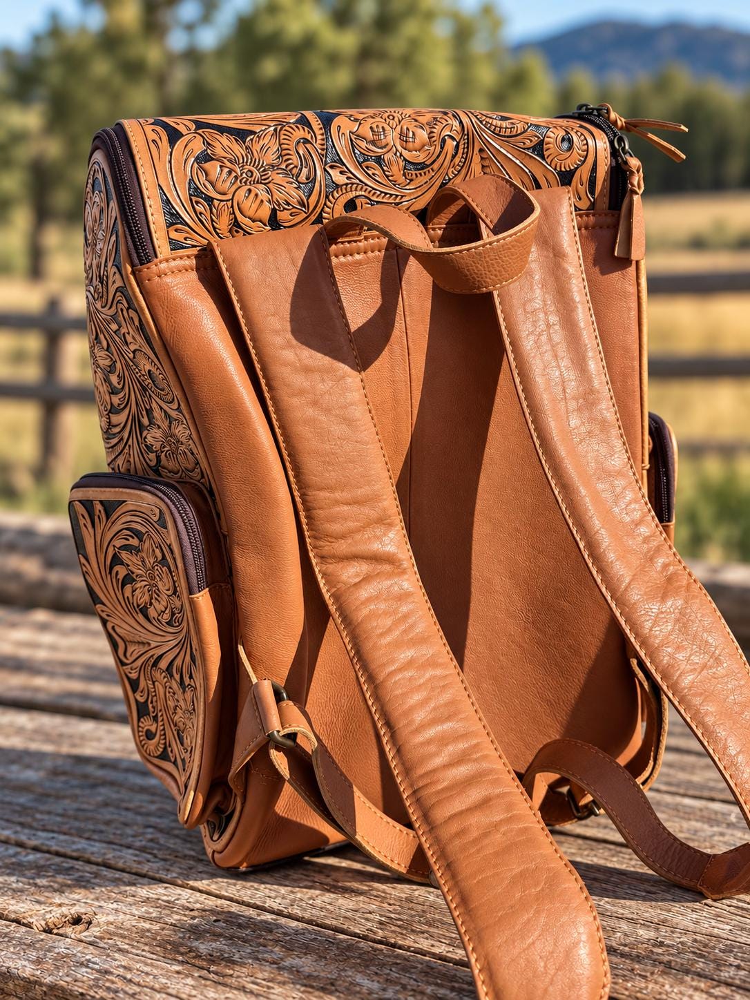The Stockmen’s Rambler leather tooled backpack carry-on by Double B