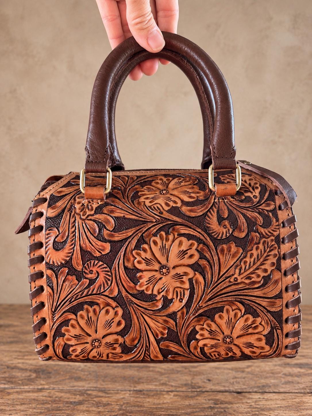 The Sheridan Sorrel Speedy Leather Barrel Bag Purse by Double B