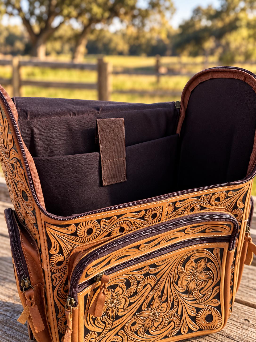 The Stockmen’s Rambler leather tooled backpack carry-on by Double B