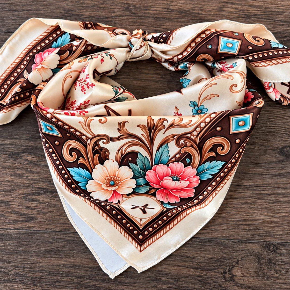 Branded in Bloom 100% Silk Wild Rag - Floral and Cattle Brand Scarf