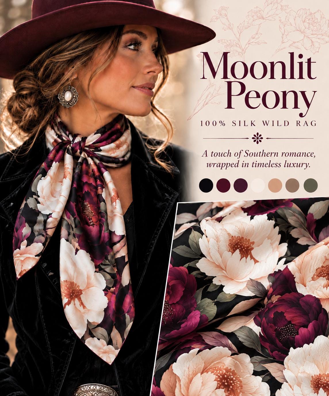 Moonlit Peony a Double B 100% Silk Wild Rag