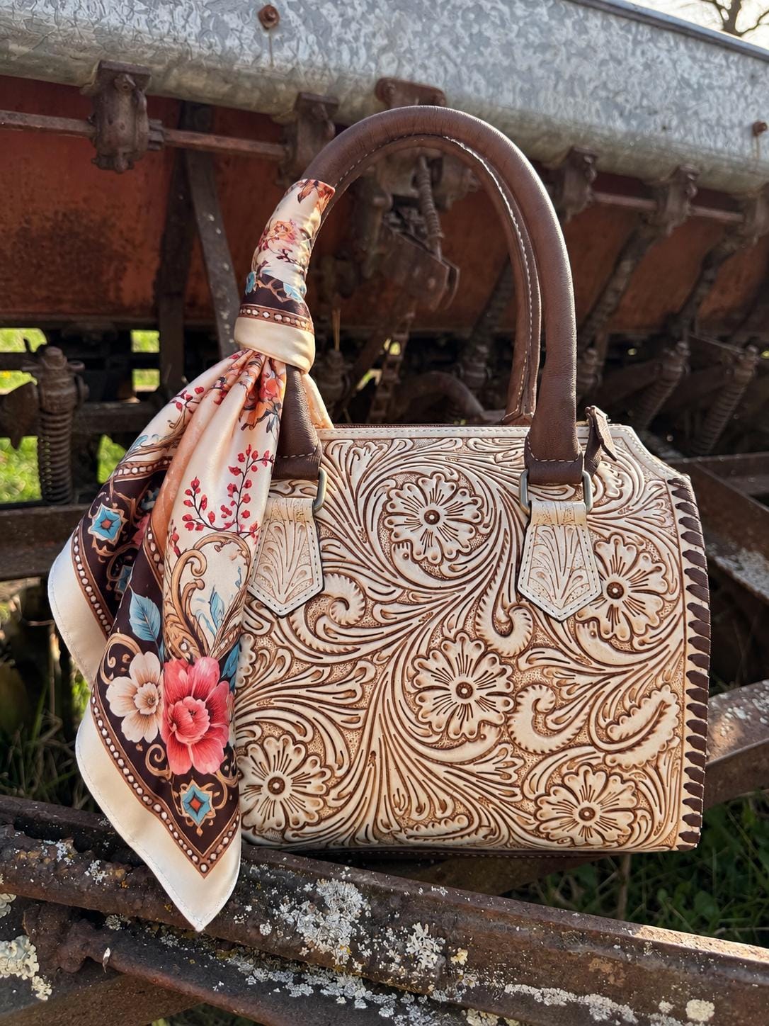 Branded in Bloom 100% Silk Wild Rag - Floral and Cattle Brand Scarf