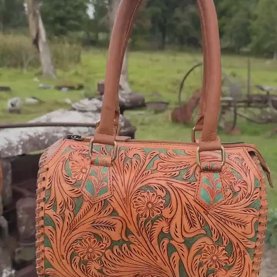 Turquoise and Tan Speedy Western Genuine Leather Barrel Bag Purse by Double B
