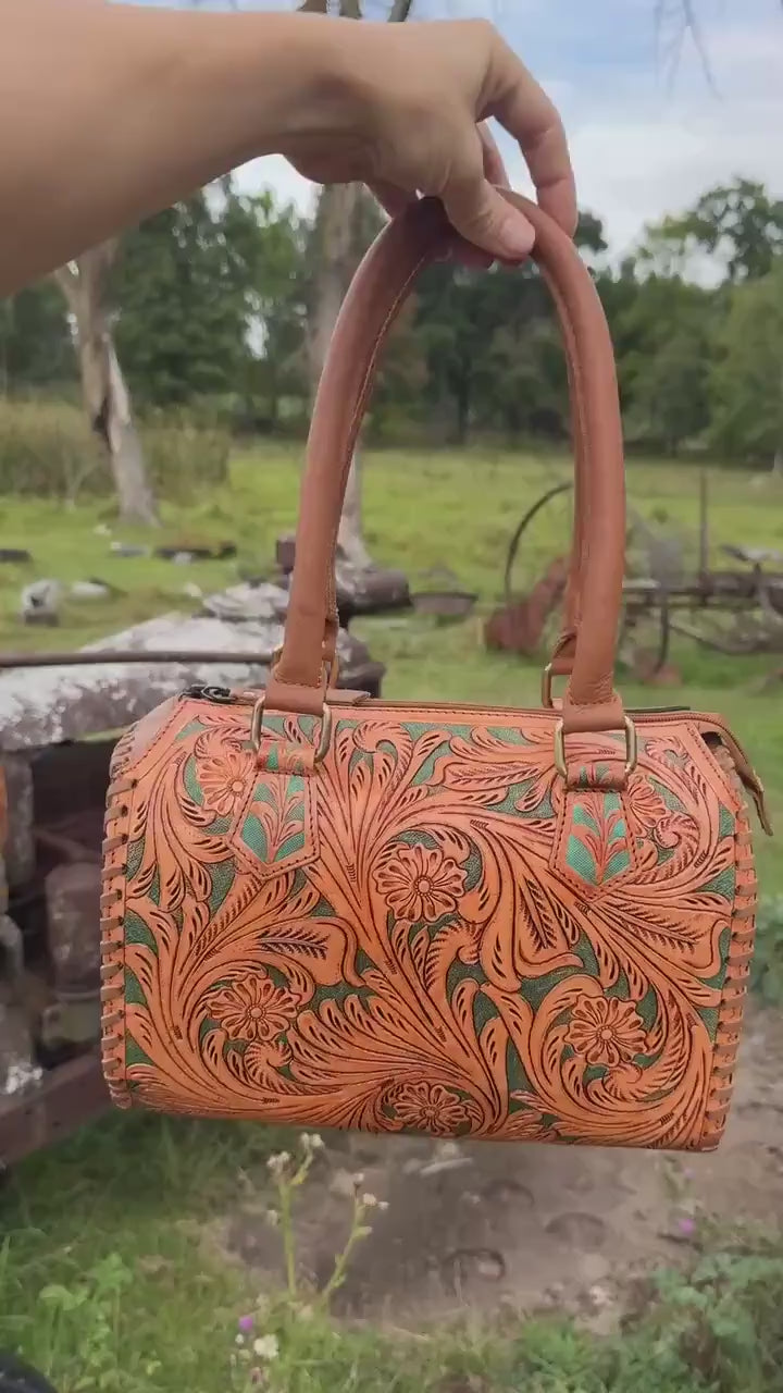 Turquoise and Tan Speedy Western Genuine Leather Barrel Bag Purse by Double B