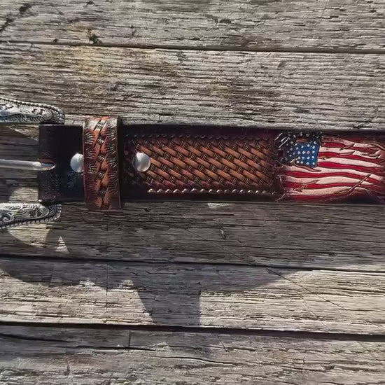 Genuine Leather Western Belt with tooled American Flag details by Double B Wild Rags
