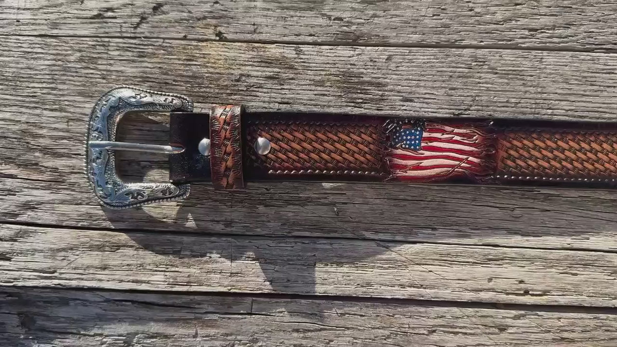 Genuine Leather Western Belt with tooled American Flag details by Double B Wild Rags