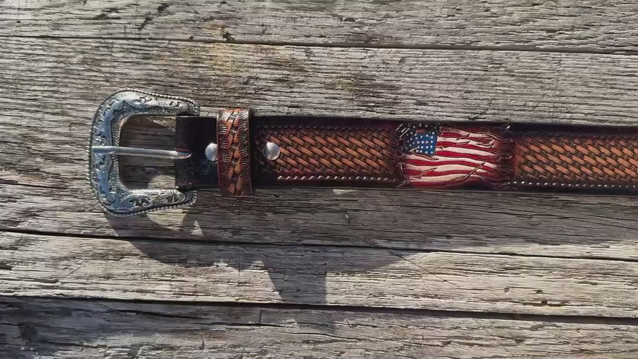 Genuine Leather Western Belt with tooled American Flag details by Double B Wild Rags