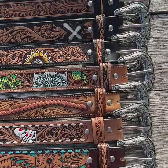 Genuine Leather Western Belt with tooled Black Feather Details by Double B Wild Rags