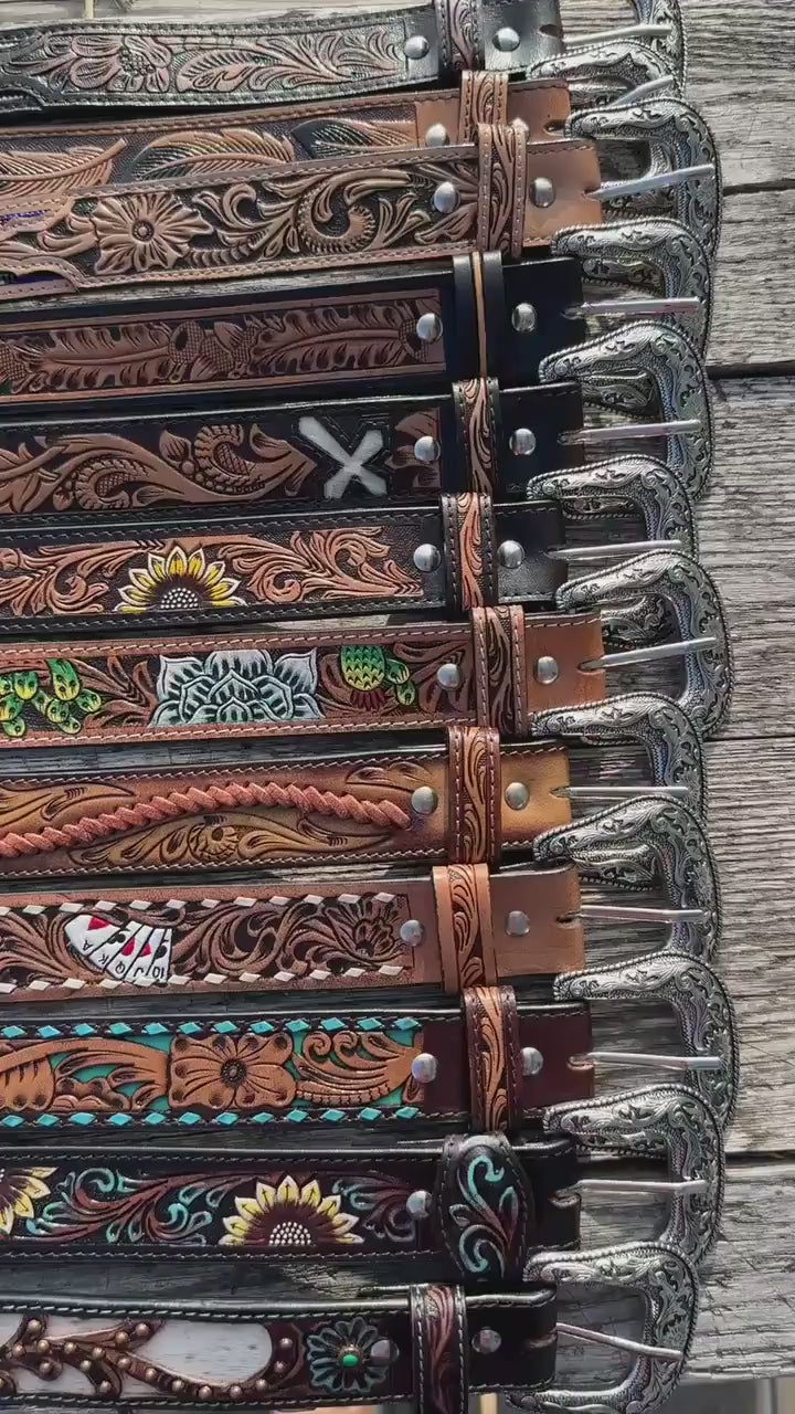 Genuine Leather Western Belt with tooled Black Feather Details by Double B Wild Rags