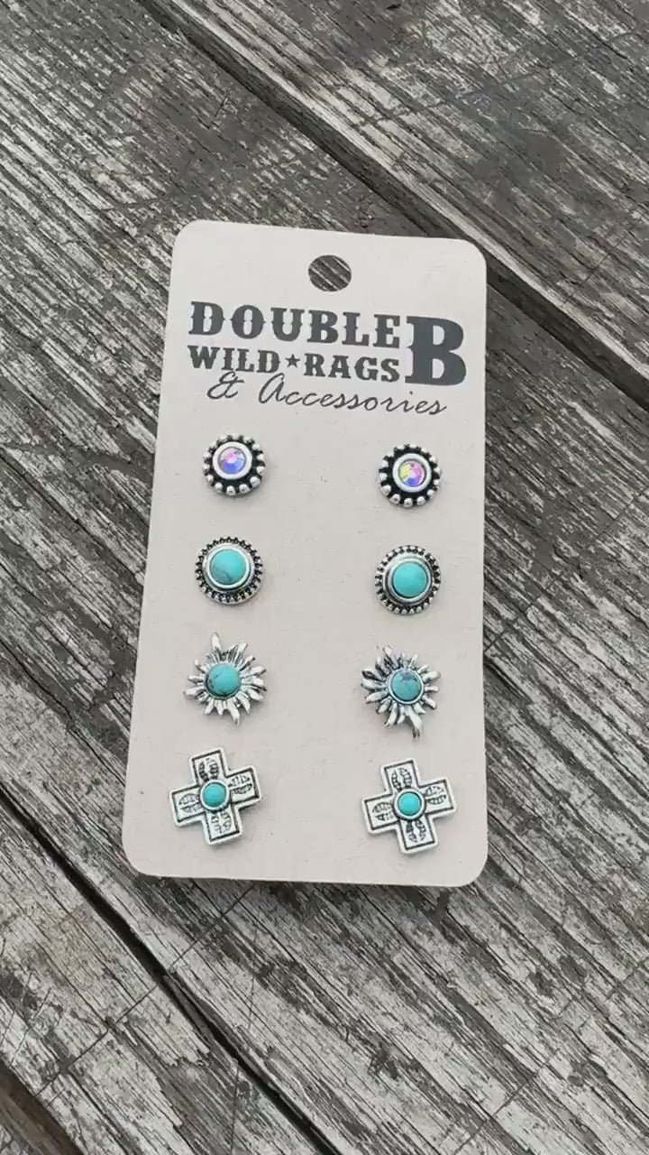 Western faux turquoise and copper stud post earring set of four pairs by Double B Wild Rags
