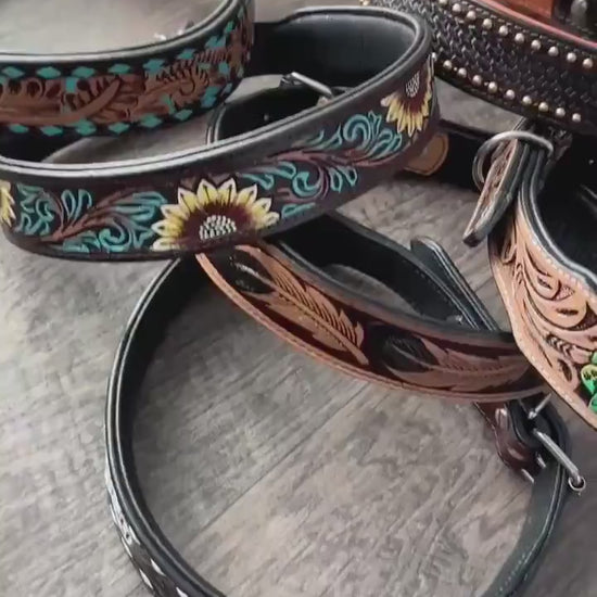 Western Genuine Leather dog collar tooled details aces cards sunflower feather rhinestone cactus floral by Double B Wild Rags
