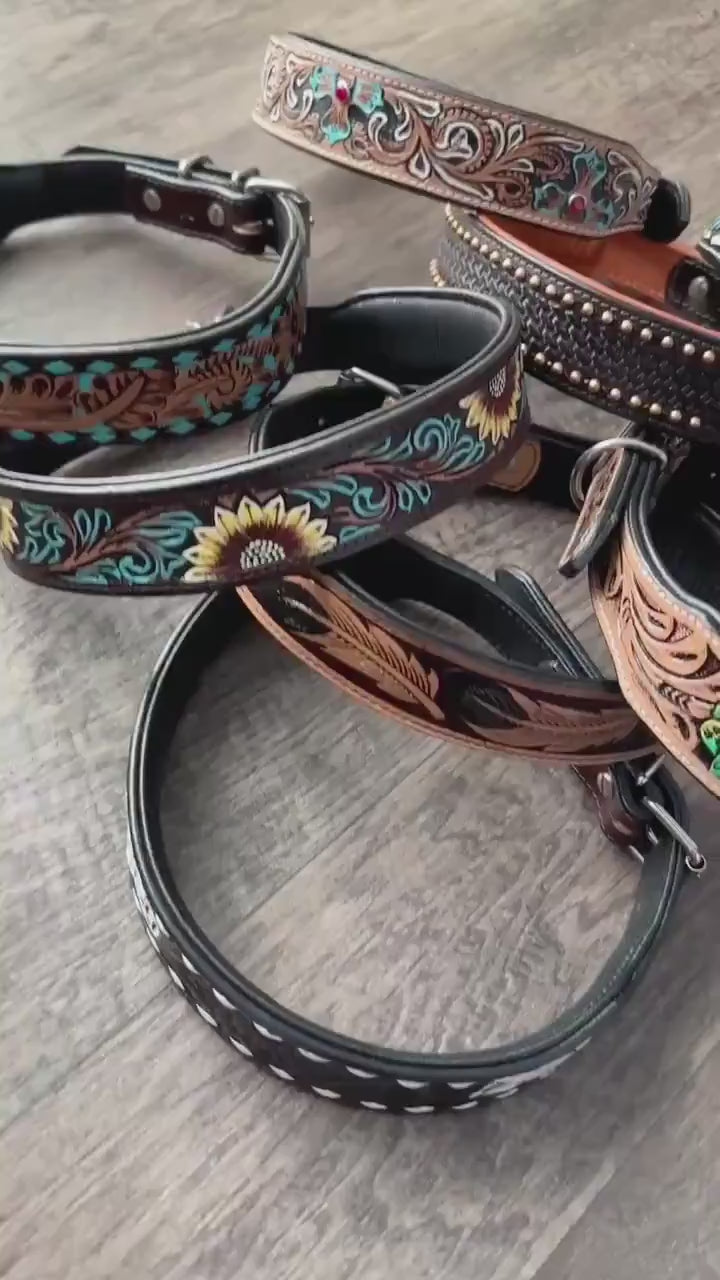Western Genuine Leather dog collar tooled details aces cards sunflower feather rhinestone cactus floral by Double B Wild Rags