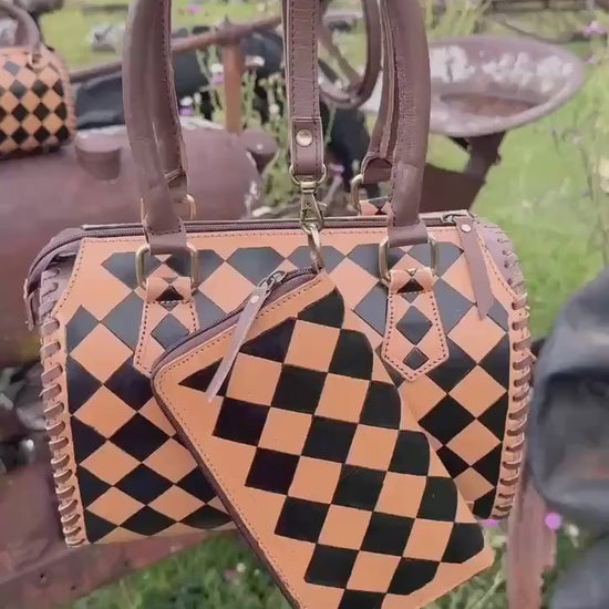 Caramel Espresso Checkered Speedy Western Genuine Leather Purse with optional wallet
